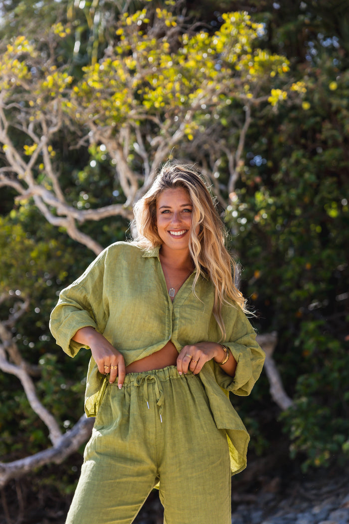 Astrid Linen Shirt in Olive – lightweight European linen, made in Italy
