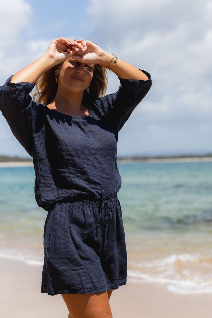 Aria Linen Top Navy