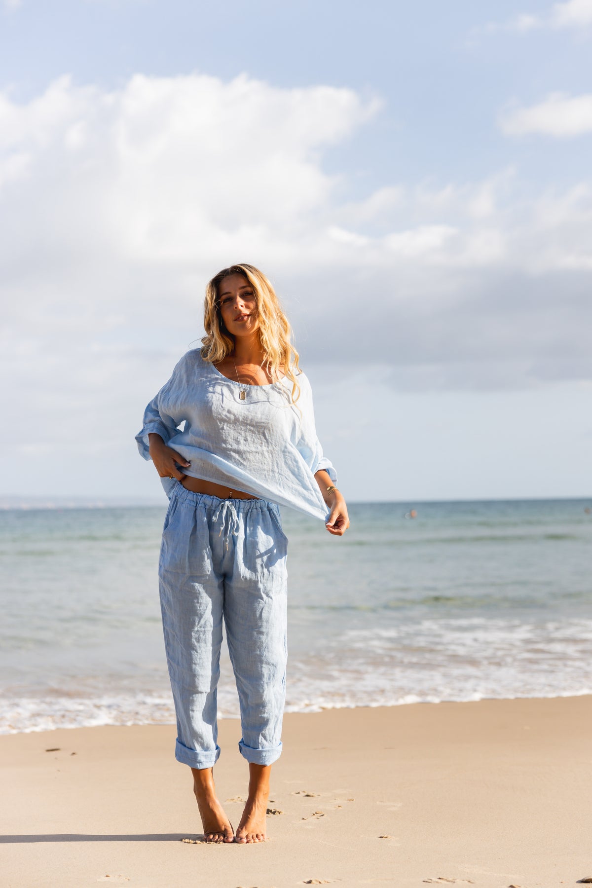 Aria Linen Top Sky Blue