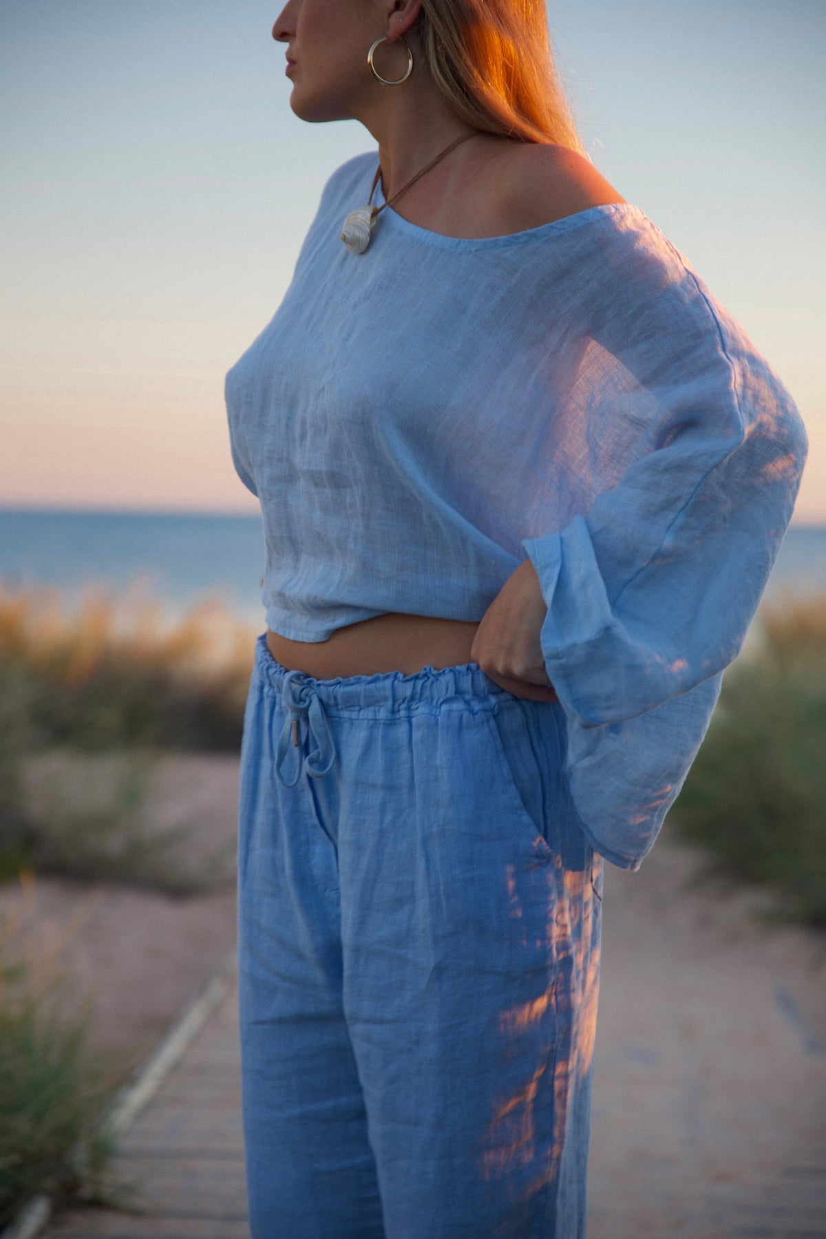 Aria Linen Gauze Top in Sky Blue – cropped length